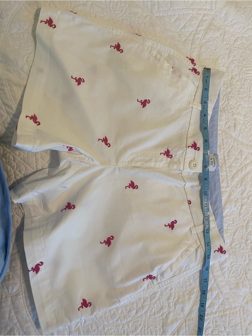 crown & ivy White Shorts with Pink Flamingo Embroidery